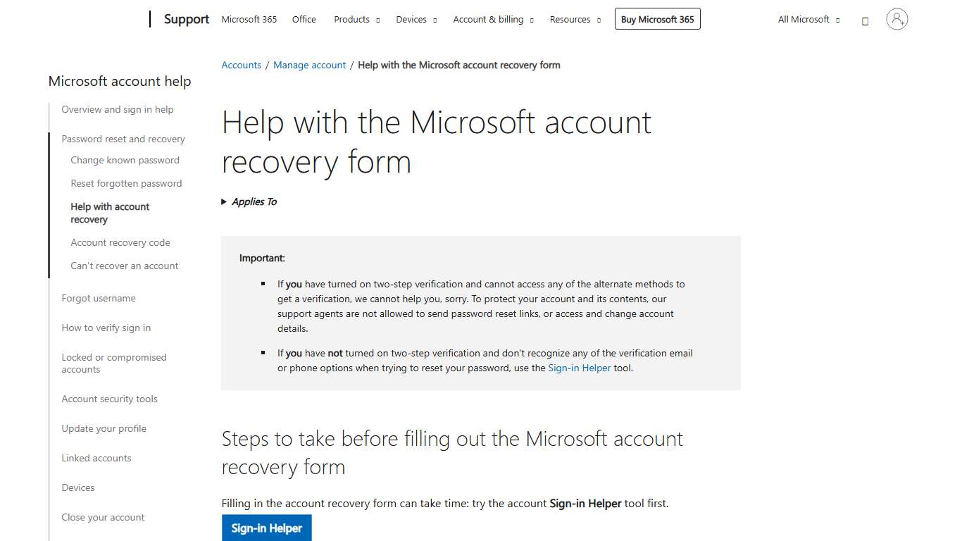 Help with the Microsoft account recovery form - Microsoft Support